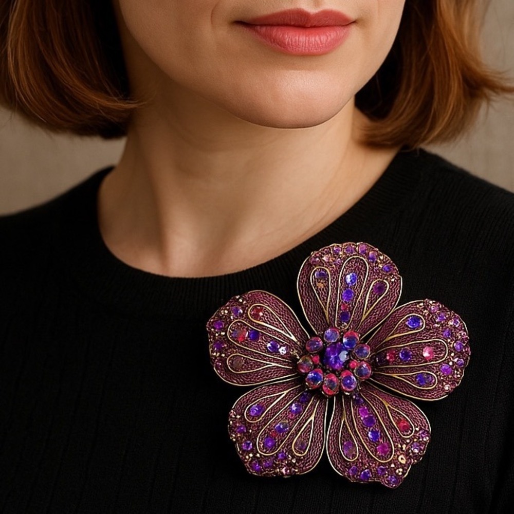Vintage Flower Aurora Borealis Brooch Sparkle Crystal Rhinestone Statement